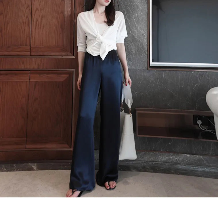 Acetate Satin Wide-Leg Pants for Women 2022 Summer New High Waist Drooping Mop Trousers Baggy Straight Trousers Tide