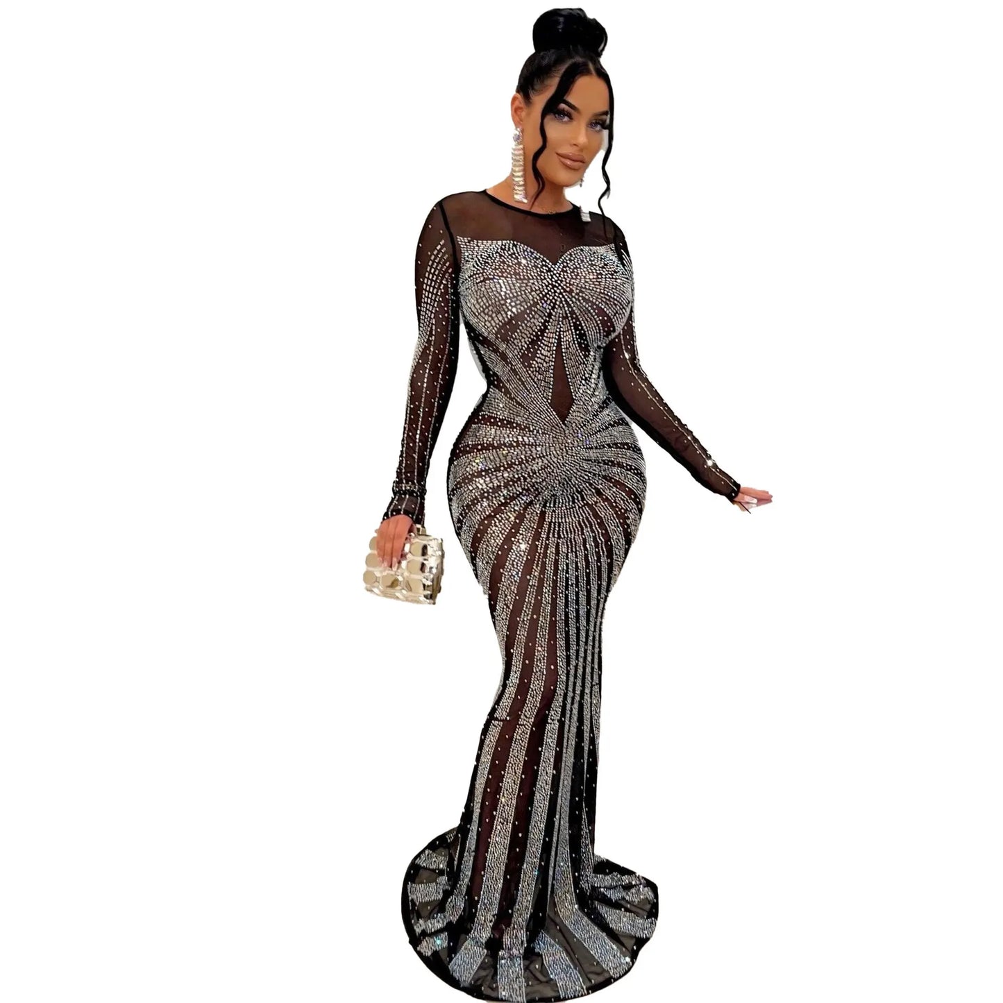 Sexy Rhinestone Crystal Mesh See Through Maxi Dress New Women Long Sleeve Birthday Night Clubwear Long Dress Wedding Party Dress - Seprincess