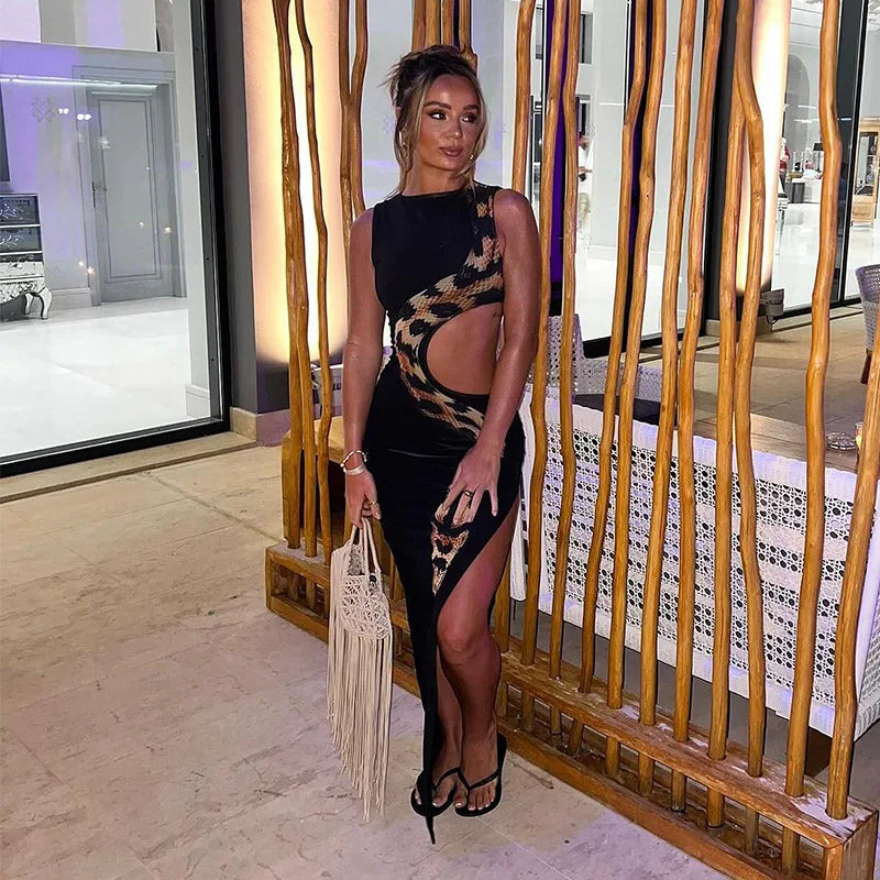 European and American 2024 summer new round neck sleeveless snake print navel-exposed hollow slit long dress - Seprincess