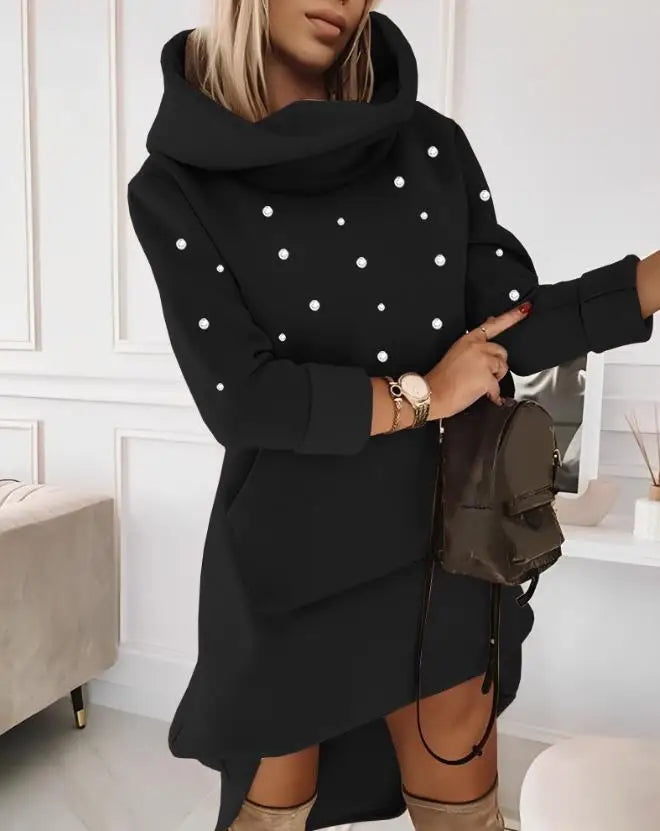 Elegant Dresses for Women Beaded Hooded Casual Sweatshirt Dress 2023 Autumn Winter Spring Fashion Casual Female Clothing - Seprincess