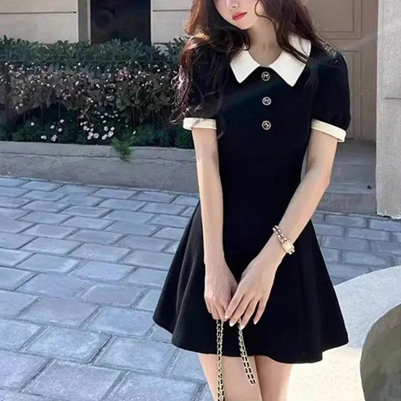 High-waisted Mini Dress A- line Lapel Polo Collar Black Skirt Summer Autumn Princess Color Block For Women Casual Chic Style - Seprincess