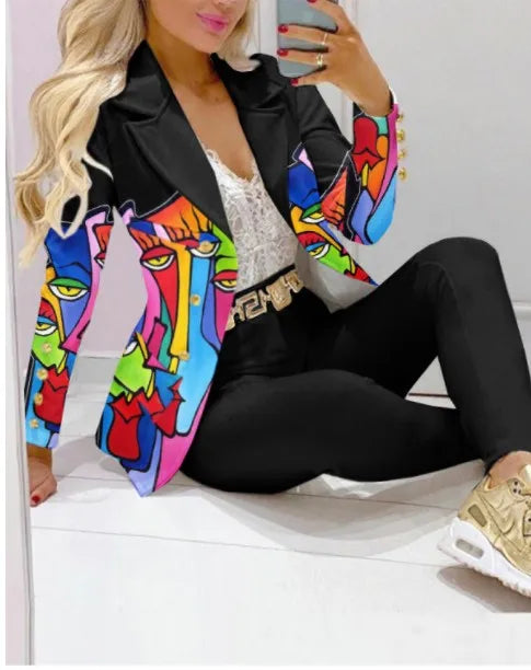 Autumn Winter New Printed Suit Long Sleeve For Women's Suit Fashion Color Matching Slim Elegant Female Office 2 Piece Set 2023 - Seprincess