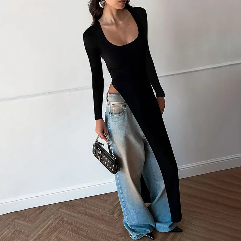 Woman Clothing Long Sleeve High Slit Black T-shirt Dress Y2K Streetwear 2024 Fall Ladies High Waist Slim Irregular Long Dresses - Seprincess