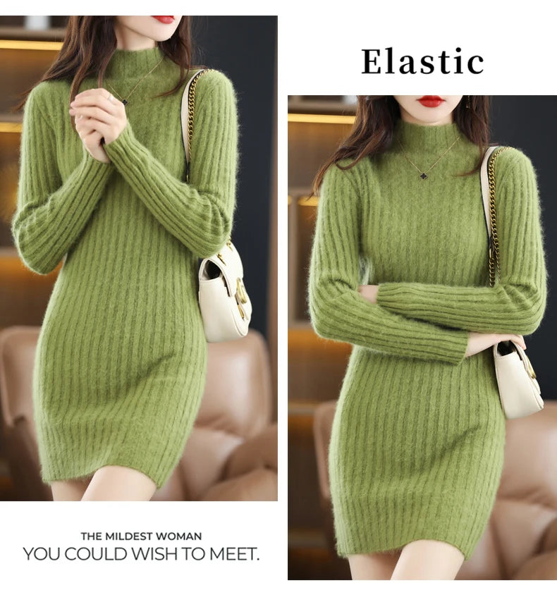 Women's High Collar Winter Warm Long Sleeve Solid Mink Cashmere Korean Version Loose Luxury Soft Cashmere Knitted Fit Dress - Seprincess