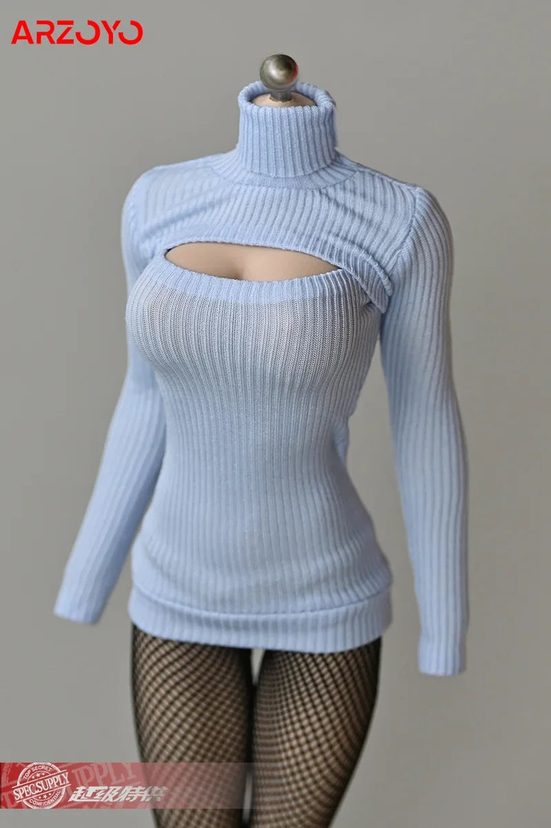 1/6 Female Soldier Sweater Slim Elastic High Neck Knit Pullover Sexy Open Chest Tops Mini Sweater Dress for 12" Action Figure - Seprincess