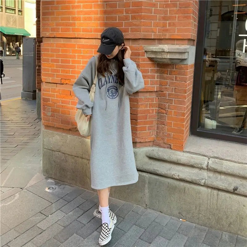 Autumn Winter Women Fleece Thicken Hooded Dress Print Letter Drawstring Korean Fashion Loose Midi Side Slit Oversized Dresses