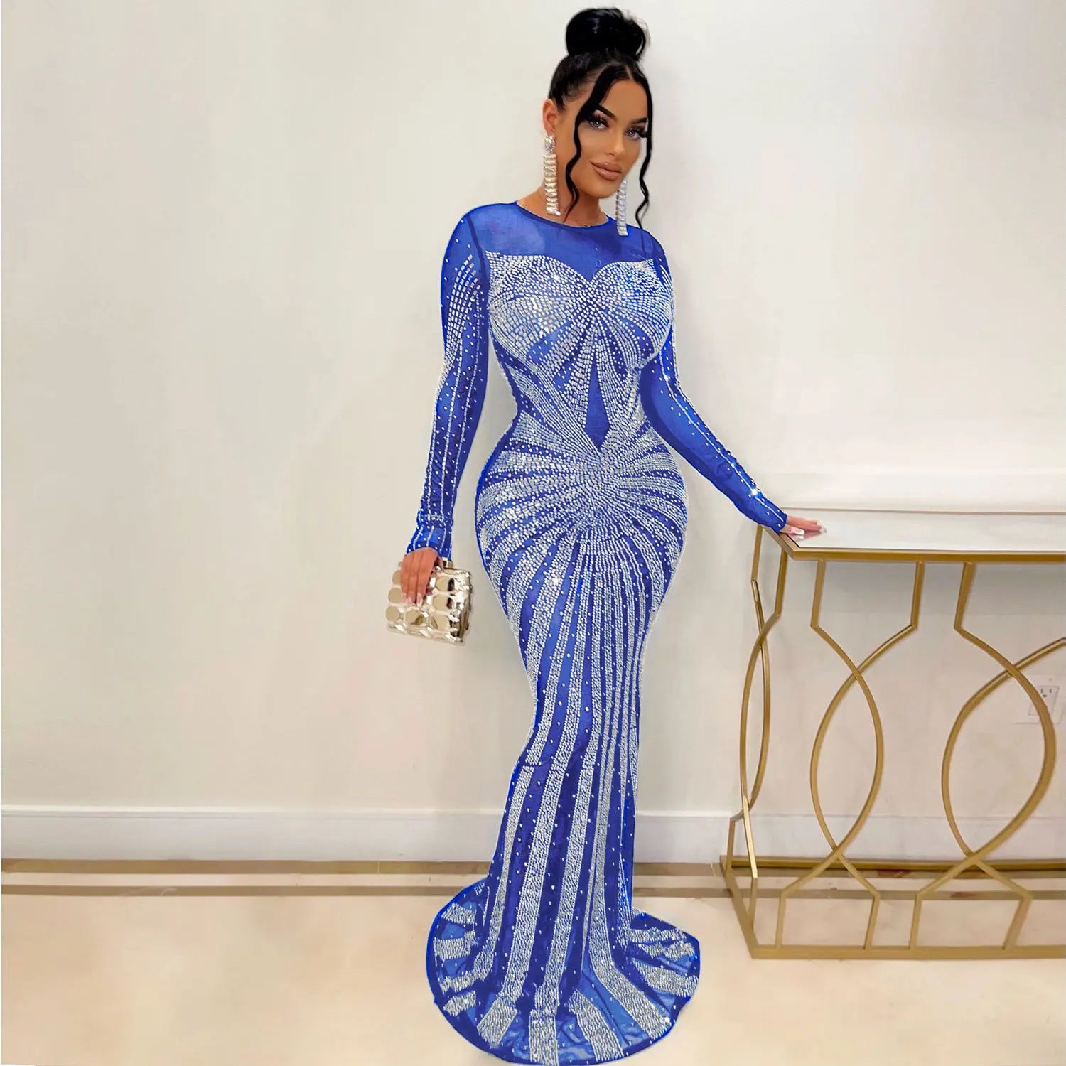 Sexy Rhinestone Crystal Mesh See Through Maxi Dress New Women Long Sleeve Birthday Night Clubwear Long Dress Wedding Party Dress - Seprincess