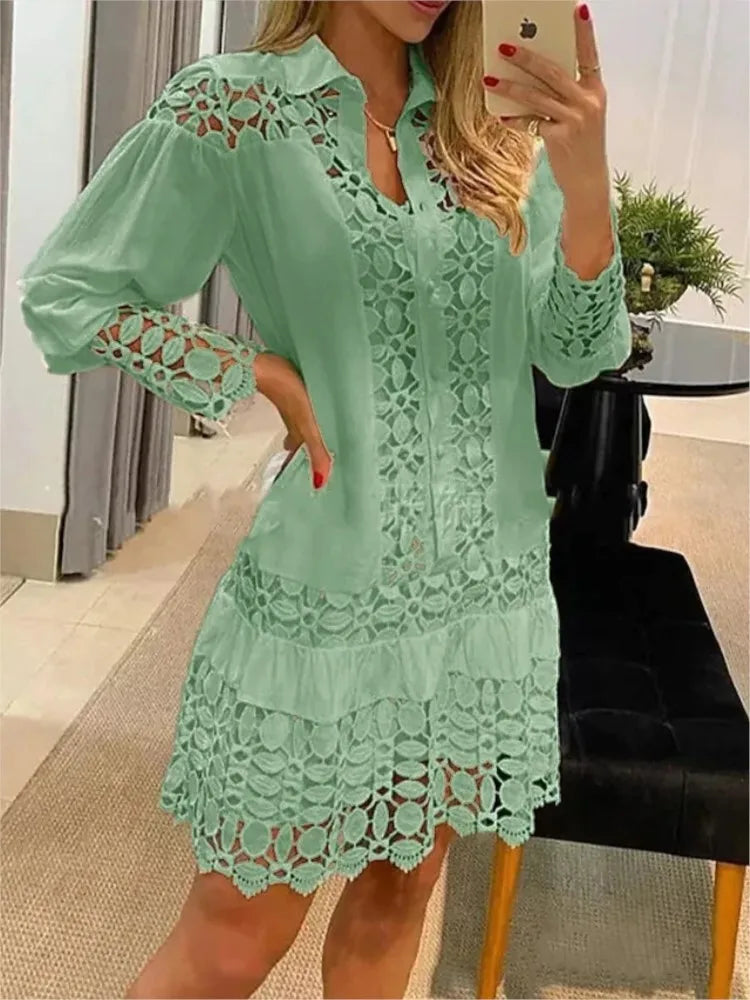 Spring Summer New Long Sleeve For Women's Dresses Solid Color Lace Splicing Fashion Cutout Shirt Elegant Female Sexy Dress - Seprincess