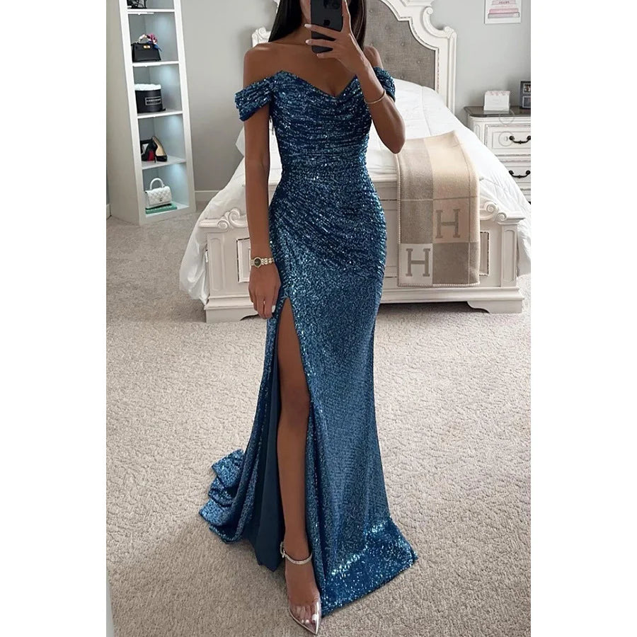 2024 New Party Dresses Sequins One Neck Split Casual Fashion Dresses for Female Long Dresses Women's Clothing Vestidos Largos - Seprincess