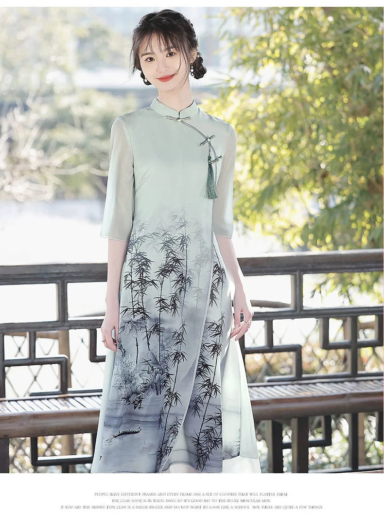 Improved Cheongsam 2024 Women's Summer High-end Chiffon Long Dress Inverted Big Sleeves Plus Size Retro Girl Chinese Style Hanfu - Seprincess