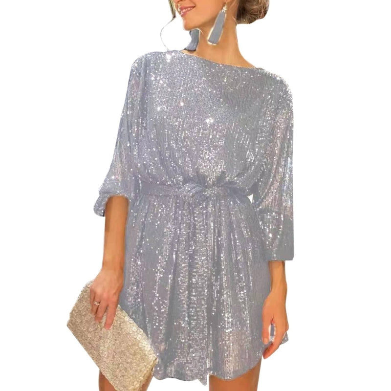 Womens Puff Long Sleeve Glitter Sequin Dress with Belt Evening Wedding Bridesmaid Sparkly Loose Fit Mini Short Dresses - Seprincess