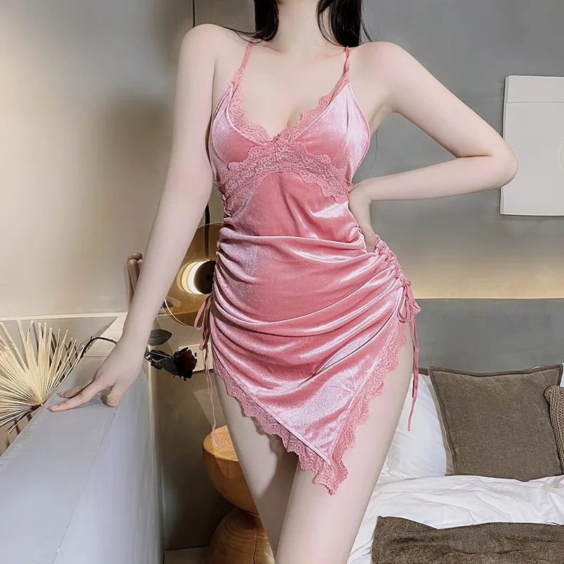 Sexy Velvet Short Dress For Woman Date Night Wife Fancy Nightgown Elegant Backless Nightdress Honeymoon Irregular V Neck Pajamas - Seprincess