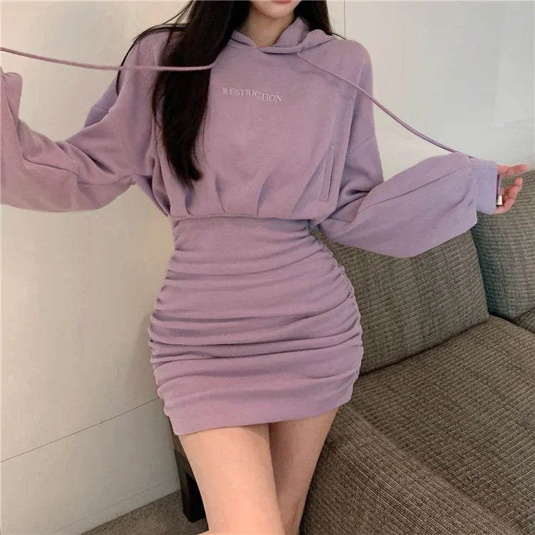 High Waist Hoodies Dress Women Casual Long Sleeve Sexy Y2k Mini Dress 2024 Autumn Design One Piece Dress Korean Kawaii Clothing - Seprincess