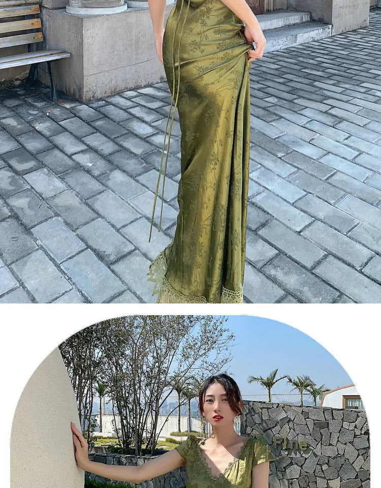 2024 Elegant Women's V-Neck Backless Satin Jacquard Long Dress Chic Turquoise Green Slim Fit Sexy Evening Gown for Party Events - Seprincess