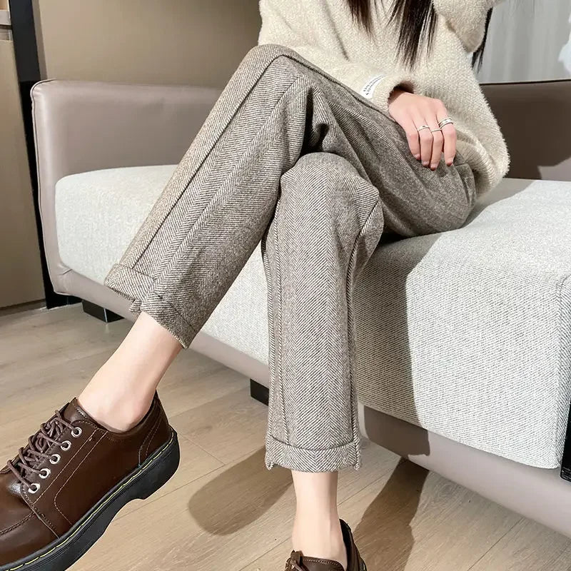 Winter Woolen Pants for Women Thicken Warm Ankle-Length Harem Pants Office Lady Khaki Elastic Waist Fashion Women's Trousers