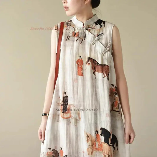 2024 chinese sleeveless dress vintage cheongsam dress national print cotton linen qipao chinese traditional dress a-line qipao - Seprincess