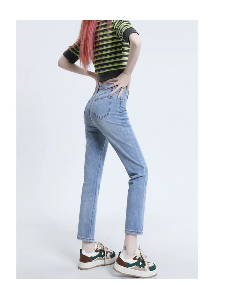 High Waisted Straight Slim Elastic Denim Jeans For Women Smoke Pipe 9,8 Pants Casual Brand Sexy Trousers Female