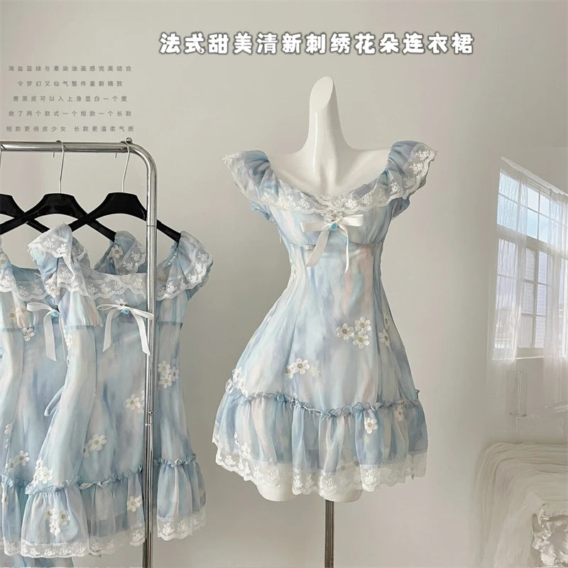 Women Blue A-line Lace Bow Dress Vintage Elegant Sleeveless Kawaii Flower Print Dresses Y2k One Piece Frocks 2000s Clothes 2024 - Seprincess