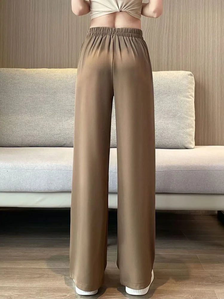 Women Formal Loose Thicken Straight Suit Pants Winter Warm Elastic High Waist Velvet Lined Wide Leg Pantalones Chic Solid Calca