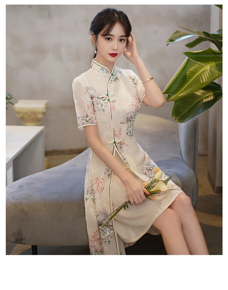 Retro Traditional Chinese Short Sleeve Cheongsam Clothing for Women Summer Modern Elegant Qipao Evening Dress - Seprincess