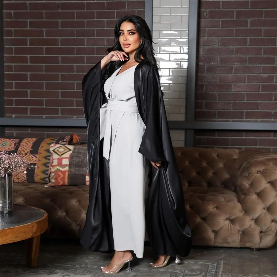 Siskakia Kimono Abayas for Women Modest Muslim Moroccan Dubai Fashion Casual Open Abaya Silk Satin Corban Eid Al Adha 2023 New