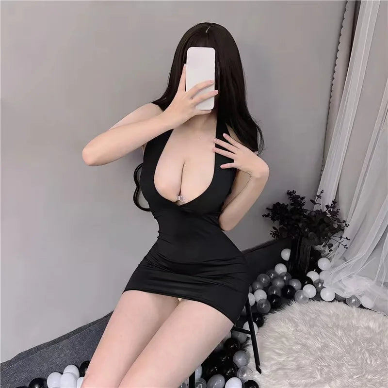 Women Sexy Halter Backless Slim V-neck Wrap Black Party Night Mini Dress - Seprincess