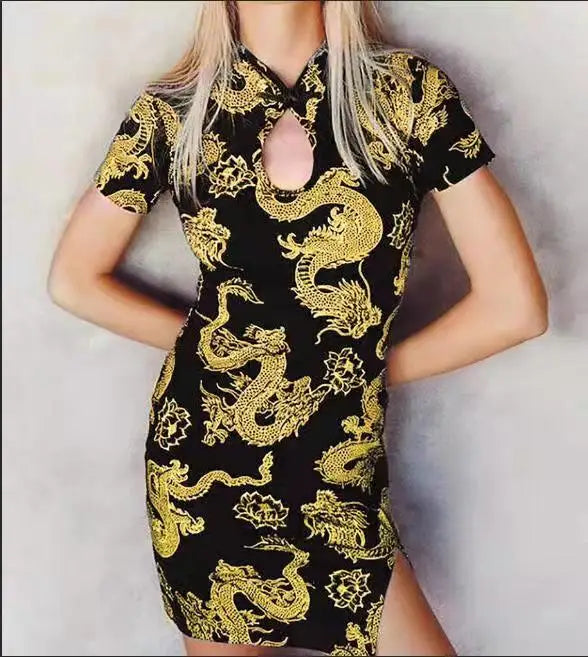 Women Cheongsam Dress Chinese Style Disc Button Mock-Neck Dragon Short Sleeve Hollow Slim Hip Dress Party/Bar/Club Split Short - Seprincess