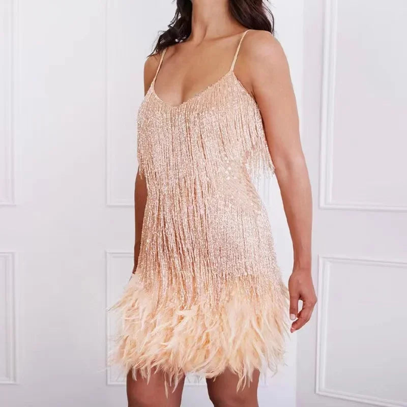 2024 Sexy Women's Fringed Sequin Feather Stitching Dress Summer Slim V-Neck Off Shoulder Dresses Female Backless Slip Mini Robe - Seprincess