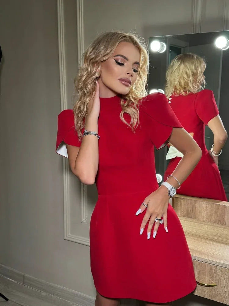 Fashion Red 3d Bow Hollow Out Mini Dress Women Chic Button O-neck Short Sleeve High Waist Dresses 2024 Summer Lady Party Robes - Seprincess