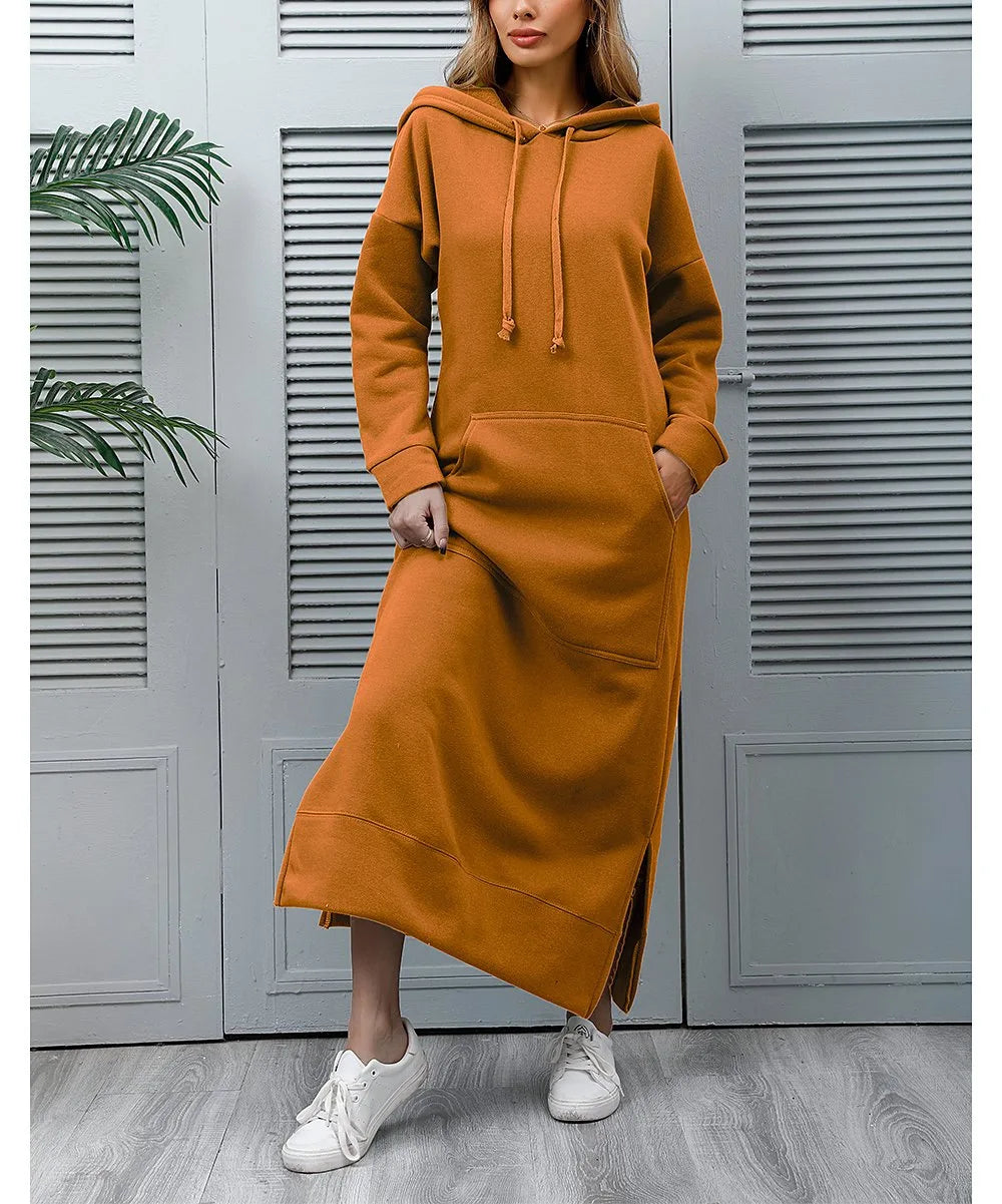 Women Dresses Autumn Winter hoodies Hooded Big Pocket Sweaters Dress Long Sleeved Casual Loose Elegant Office Lady Vestidos