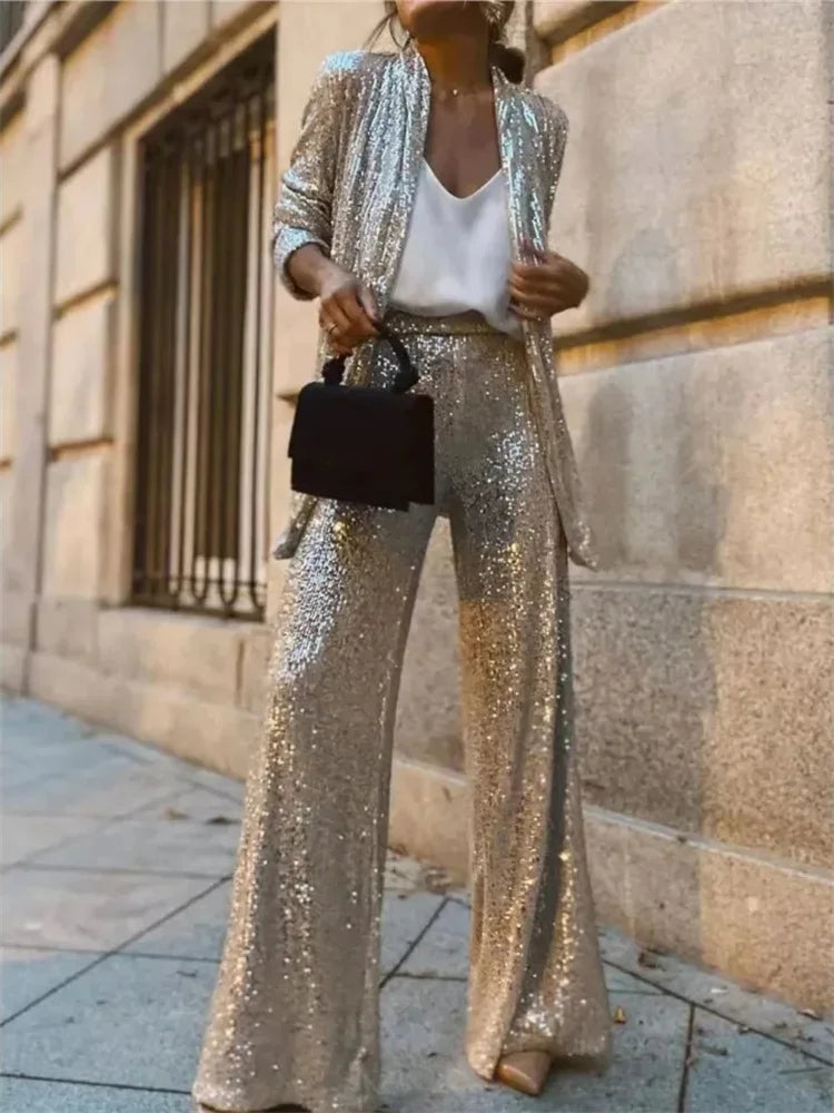 Sequin Fashion 2 Piece-Set Women Straight Legg Slim Glitter Patchwork Suit Outwear And Women's Pants Sets Female Outfits - Seprincess