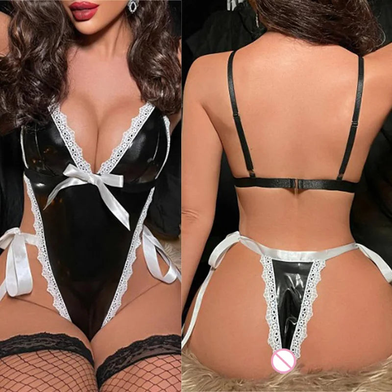 lingerie Deep V-leather lace lace bow integrated tight fitting women underwear open crotch - Seprincess