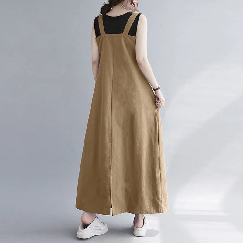 ZANZEA 2024 Summer Suspender Long Dress Women Sleeveless Fashion Pockets Maxi Vestidos Casual Adjustable Shoulder Strap Sundress - Seprincess