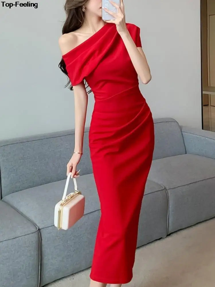 Elegant Off Shoulder Evening Party Dresses Women Summer Fashion Slim One Piece Solid Vestidos Korean Graduation Robe Clothing - Seprincess