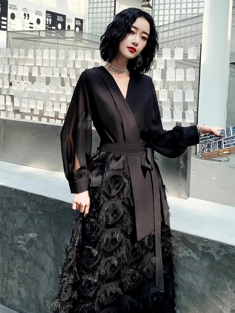 Black V-Neck Evening Dress For Women With High-End Temperament, Elegant And Luxurious Design, Slim Fit And Unique Dress - Seprincess