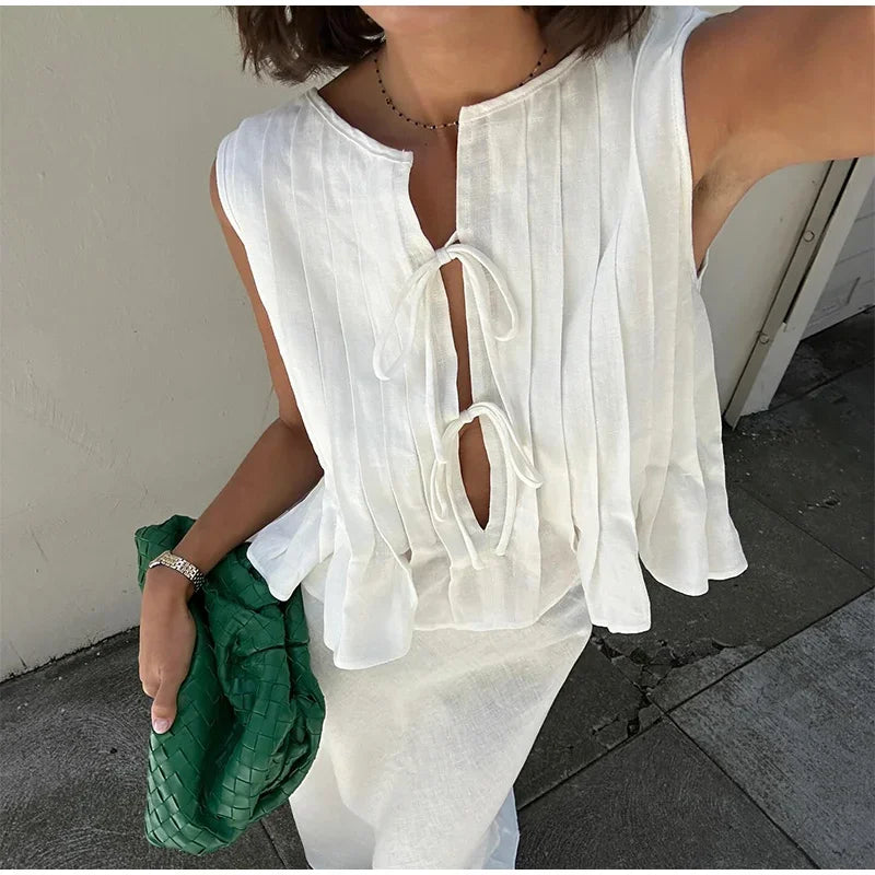 Women Summer Vacation Hollow Out Lace Up Shirt Sets 2024 New Female Solid V Neck Top And High Waist Shorts Suit Lady Outfits - Seprincess