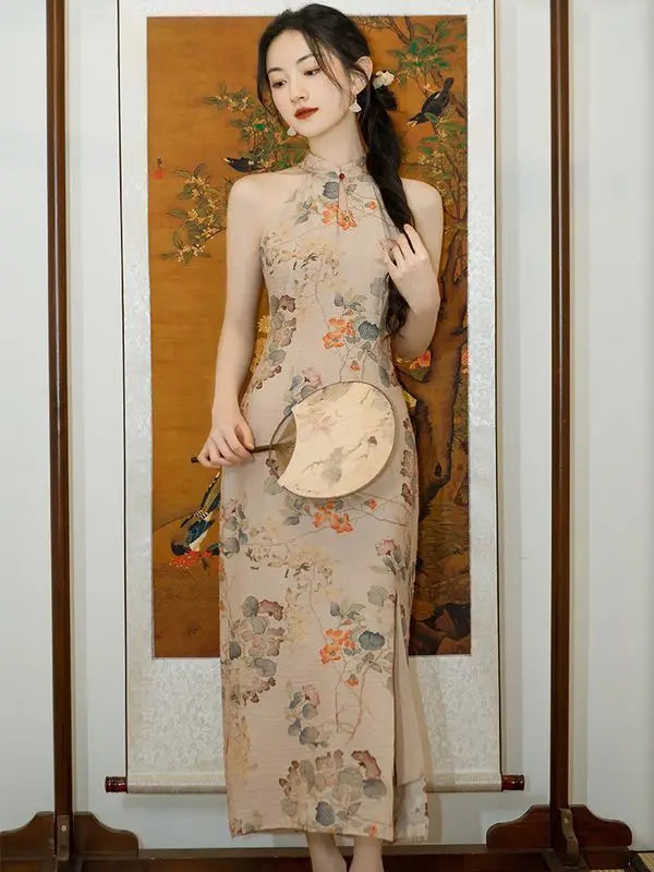 Summer Women Sleeveless Sexy Split Qipao Elegant Print Flower Chinese Dress Retro Traditional Oriental Clothing Cheongsam