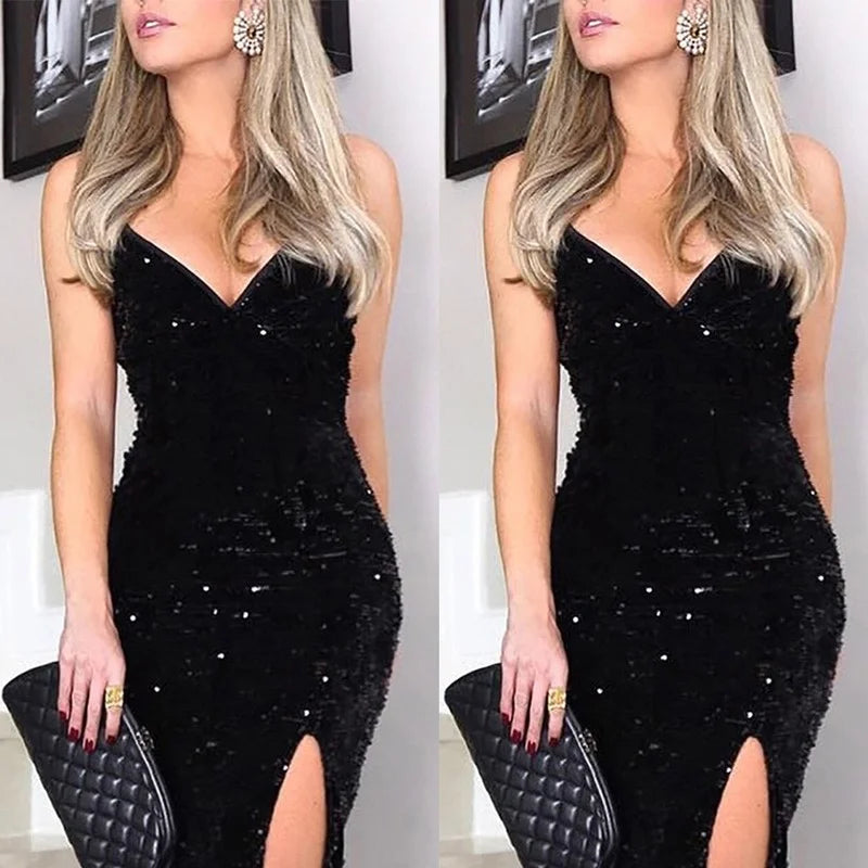 Women's Luxurious Sparkling Prom Dress V Neck Perspective Sequins Evening Party Dress Side Split Formal Long Sexy Dress - Seprincess