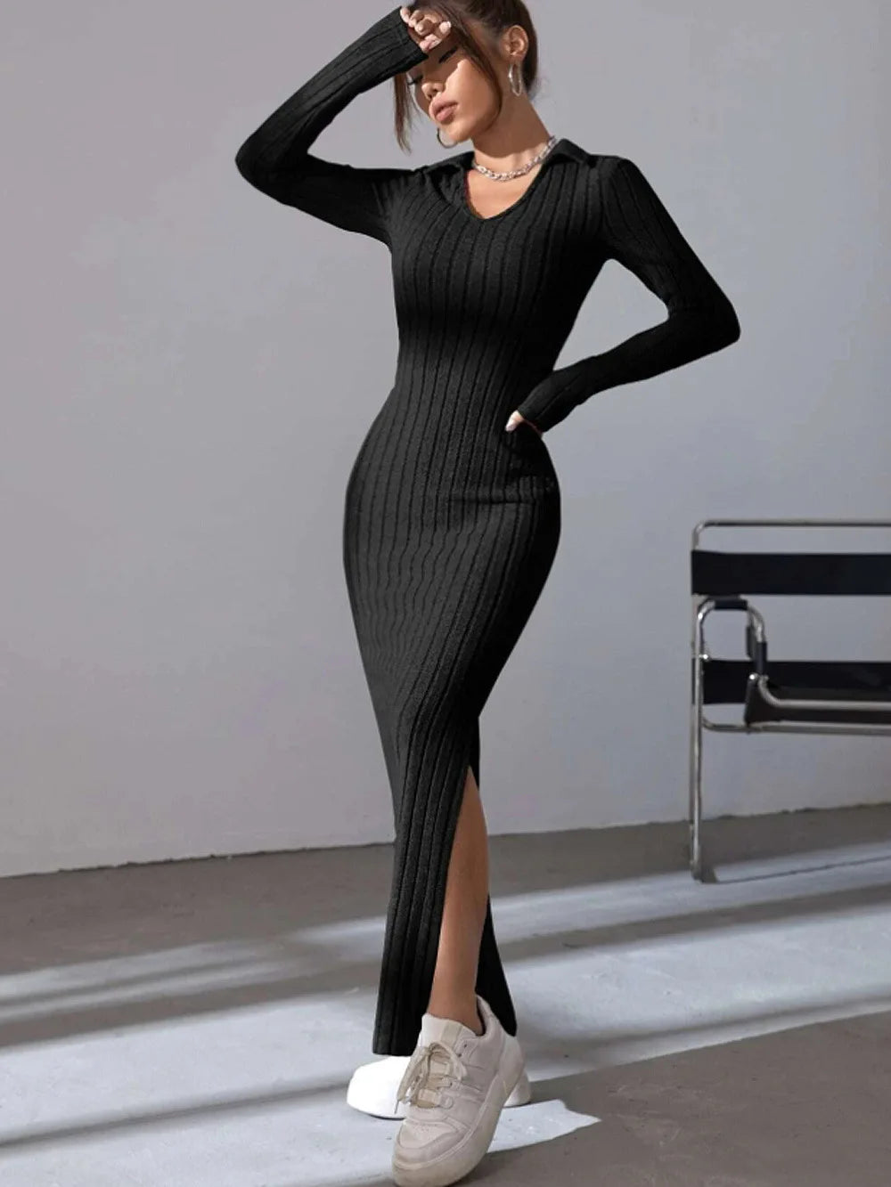 2024 Europe And The United States Autumn And Winter New Knitted Slim-Fit Lapel Long Sleeve Pit Strip Solid Color Tight Dress - Seprincess