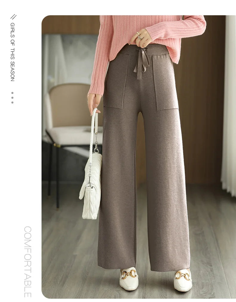 Women's Merino Wool Knitted Pants Office Lady Simple High Waist Straights Trousers Cashmere Wool Autumn Winter Thick Knitwear