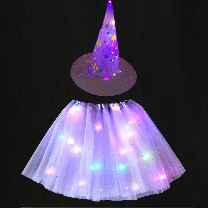 Women Kids Girl Luminous LED Glow Light Up Elf Witch Hat Star Skirt Spider Web Tutu Wizard Costume Party Gift Halloween Festival - Seprincess