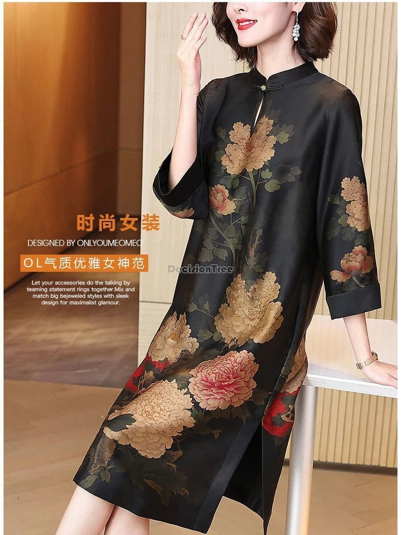 2024  chinese style disc buckle loose style printed cheongsam dress women spring stand collar retro daily long qipao skirt w300 - Seprincess