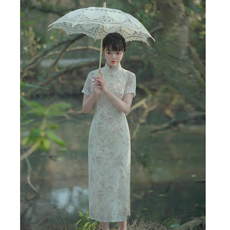 Summer Cheongsam New Young Girl Chinese Style Qipao Retro Dress Medium Long White Sweet Daily Party Dress - Seprincess