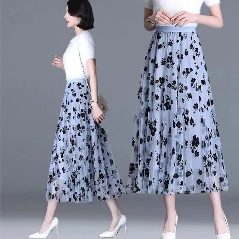 Korean Women Tulle Skirt Fashion Summer Hook Floral Loose Midi Skirt Elegant Female Casual All Match Mesh Skirts New - Seprincess