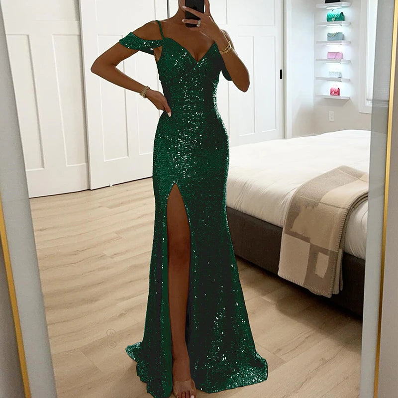 Women Elegant Shiny Sequin Solid Long Dress Fashion Hight Waist Slim Fit Party Dress Sexy V-neck Wrap Chest Split Evening Dress - Seprincess