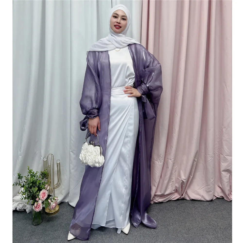 Shiny Satin Open Abaya Dubai Kaftan Women Muslim Kimono Cardigan Islamic Puff Sleeve Caftan Maxi Dress Robe Gown Turkey Jalabiya - Seprincess