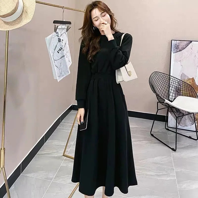 Women Long Sleeve Autumn Dress Casual Round Neck Elasticated Waist Korean Fashion Daily Wear Sweatshirts Dress Ladiea - Seprincess