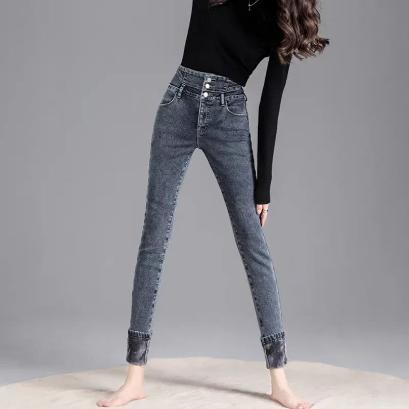 2024 Autumn/Winter New Solid Color Slim Fit Women's Jeans High Waist Buttoned Wool Lined And Thickened Pencil Leggings