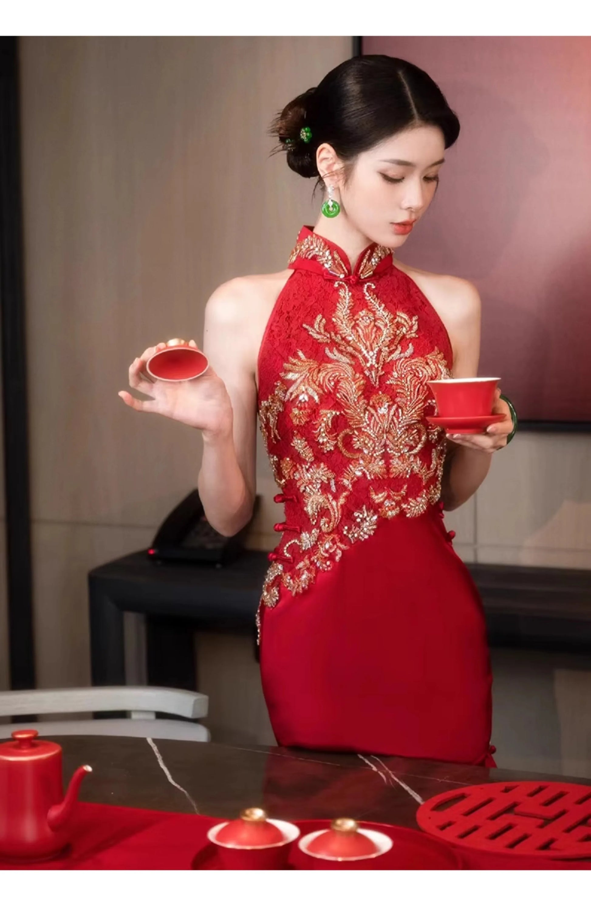 Autumn Traditional Chinese Clothing Qipao Red Sleeveless Stand Collar Embroidery Cheongsam Wedding Dress Elegant Evening Dress - Seprincess