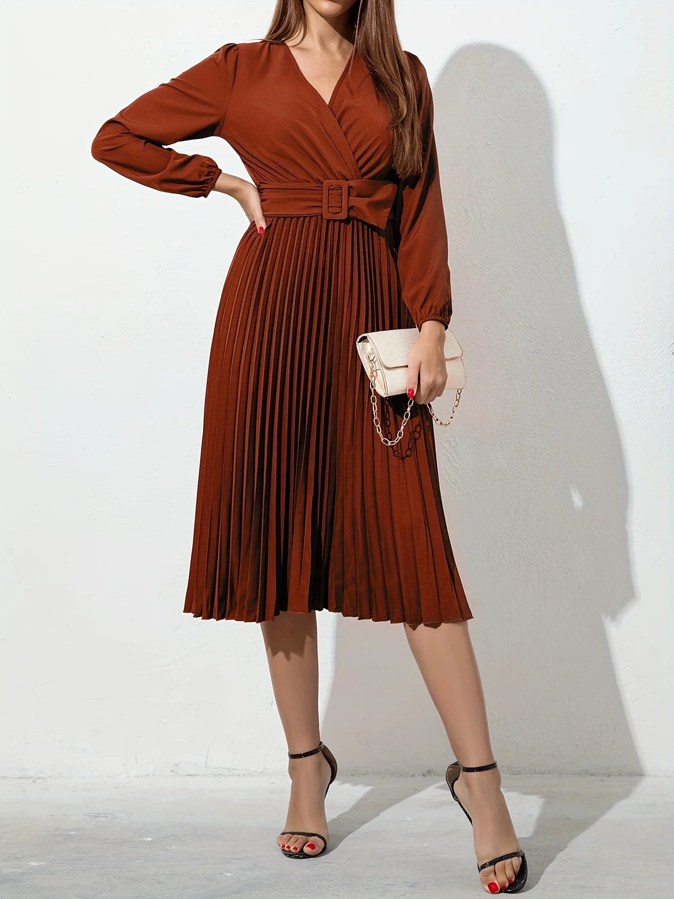 Women's solid color dress dark green V-neck casual slim pleated knee skirt new long sleeve summer and autumn standard code elega - Seprincess